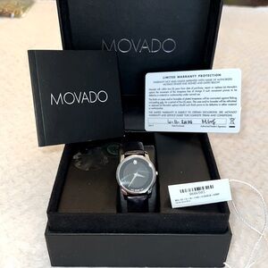 MOVADO Women's Museum Classic Watch – Black Dial, Leather Band, NEW Never Used